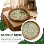 Boho Handwoven Rattan Tray with Mother of Pearl Inlay, 30 and 35cm Round Decorative Trays, Wooden Base Serving Tray for Vanity, Coffee Table & Wall Hanging Decor (2 Suites, Pattern: Greenleaf) - Image 5