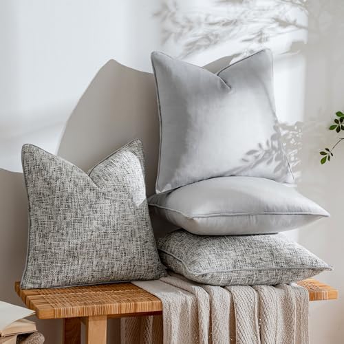 a moment Grey 4 Pack Throw Pillow Covers - Chenille & Velvet Set with Piping, Farmhouse Textured Design Pillow Cases for Couch Sofa Bed Livingroom (16x16 Inch, No Insert) - Image 3