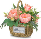 Peonies Artificial Flowers, Spring/Summer Flower Centerpieces for Tables Silk Flower Arrangements with Woven Basket Fake Peonies with Fern Leaves Pink Flower Arrangement for Kitchen Dinner Table by Oairse