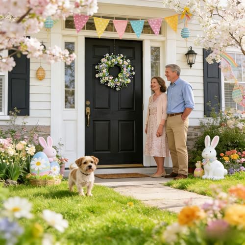 Spring Easter Wreaths for Front Door in 16 inch, Artificial Daisy Easter Egg Decorative,Farmhouse Spring Decorations, Front Door, Wall, Wedding, Easter,Spring(Blue&Pink) - Image 6