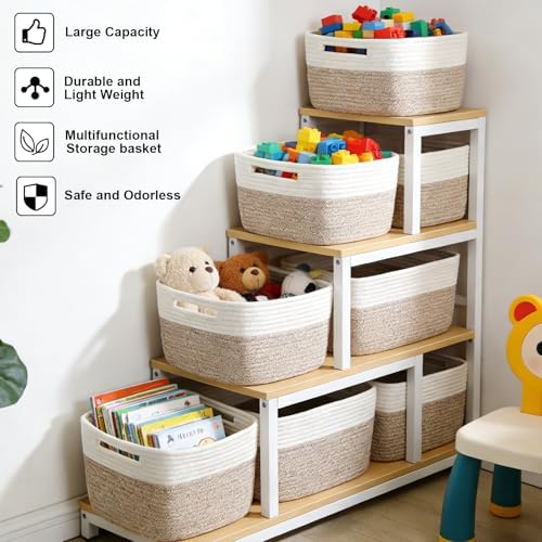 6 Pack Woven Rope Baskets, 12.6"×9"×7.8" Storage Bins, White&Brown - Image 4