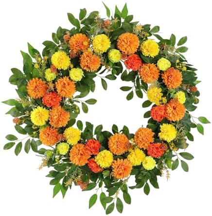 26" Large Summer Fall Wreath for Front Door, Artificial Orange Yellow Marigold Floral Wreath with Green Leaves, Flower Wreath for Home, Rustic, Farmhouse, Indoor, Outdoor Décor by ChillFun