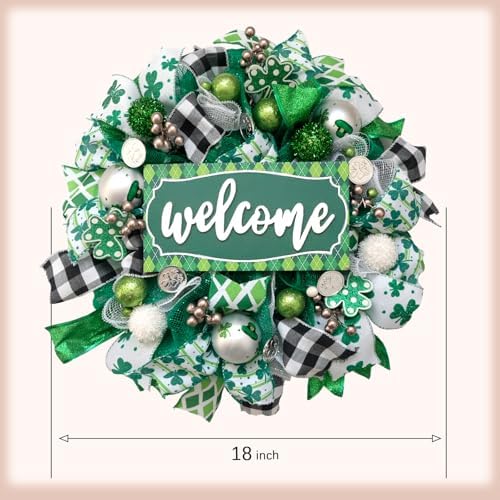 St. Patrick’s Day Front Door Decorations 20" Artificial Mesh Wreath Green Lucky Shamrock Clover Spring Summer Wreath with Welcome Board for Outdoor Indoor Farmhouse Wall Window Party Festival Decor - Image 3