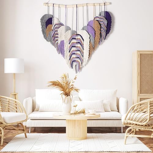 Amestrina Large Macrame Wall Hanging, Boho Chic Macrame Wall Decor, Bohemian Leaf Feather Macrame Wall Art, Handmade Macrame Wall Hanging Tapestry for Bedroom Living Room 31" Wx 31" L (Purple) - Image 4
