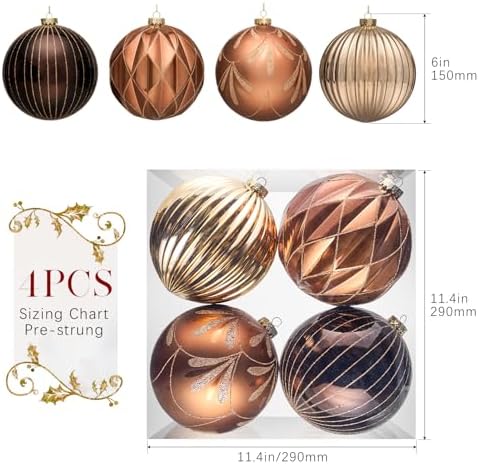 JORNOY Christmas Balls Ornaments Set, 6 inch/150mm Extra Large Shatterproof Plastic Hanging Bulbs for Xmas Tree Decorations Holiday Party with String, 4 Pack-Brown - Image 5