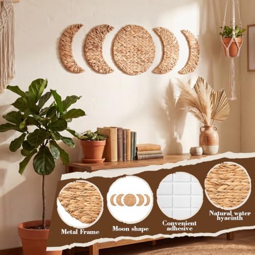 Leinuosen 5 Pcs Boho Moon Phase Wall Decor, Woven Water Hyacinth Hanging - Image 3