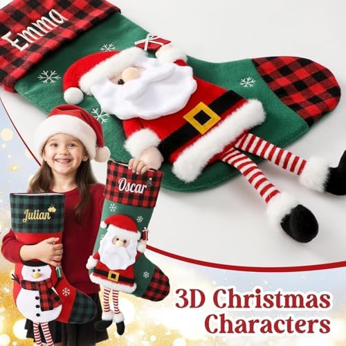Personalized Christmas Stockings with Embroidered Name & Monogram,Custom 3D Xmas Character Stocking 5 Pack 18” Large,Santa,Snowman & Reindeer Fireplace Hanging Red Burlap Plaid Stockings(E) - Image 2