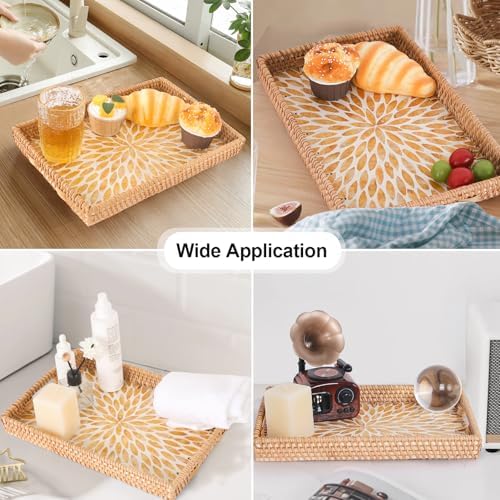 Rectangle Rattan Tray with Mother of Pearl Inlay, Rattan Serving Tray with Handle for Coffee, Bread, Fruits, Snacks, Decorative Wicker Tray for Table Decor (Rectangle Amber Leaf, 13"×9") - Image 2