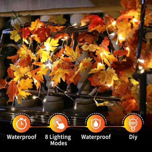 KASZOO 4 Pack Fall Maple Garland with 80 LED String Light- 5.8ft/Piece Artificial Fall Foliage Garland Autumn Decor for Home Wedding Party - Image 5