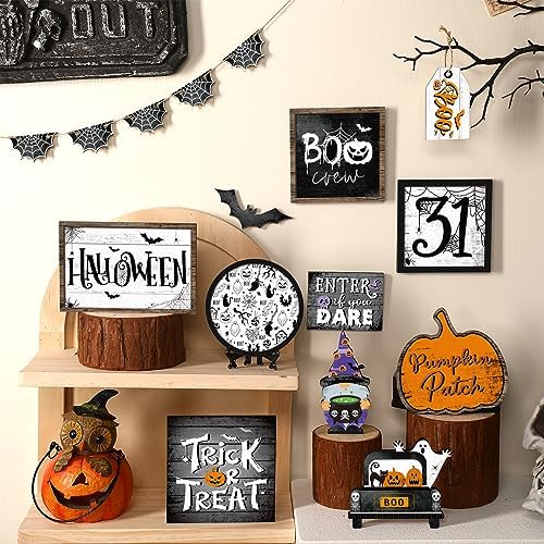 14 Pcs Halloween Tiered Tray Decor Set, Gnome Wood Table Signs (Terror) - Image 4