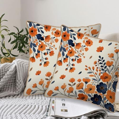Fall Floral Velvet Pillow Covers 20x20 Set of 2, Burnt Orange Blue Autumn Colored Flower Seasonal Print Vintage Decorative Throw Pillowcases Holiday Farmhouse Cushion Cases Couch Sofa Bed Decor - Image 2