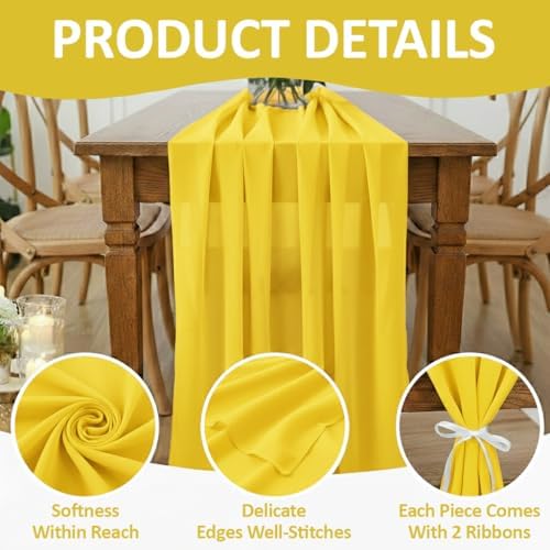 MDS Pack of 10 | Yellow | 14ft Chiffon Table Runner 29x170 Inches Long Romantic Rustic Sheer Gauze Runner for Wedding Bridal Shower Birthday Banquets Engagement Spring Easter Boho Decorations - Image 5