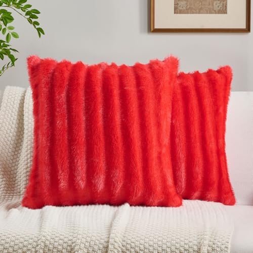 FUTEI Pack of 2 Faux Mink Fur Throw Pillow Covers 18x18 Inch, Red by FUTEI