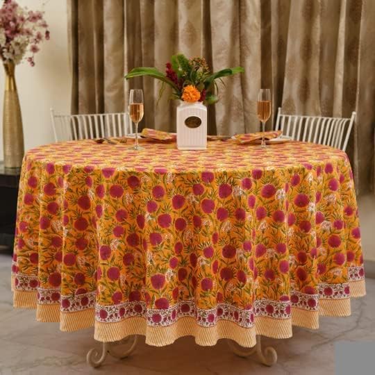 Ridhi Block Print Round Tablecloth Bubblegum Pink 132 Inch 100% Cotton - Image 2