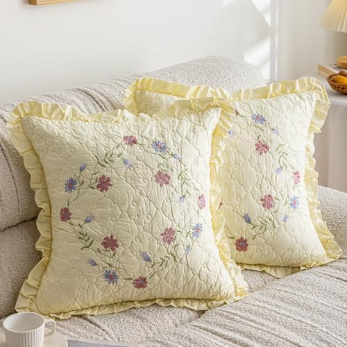 vctops Set of 2 Cotton Quilted Embroidered Decorative Square Throw Pillow Covers with Ruffles Floral Soft Cushion Case for Couch Sofa Bed (Flower B,18"x18") by vctops