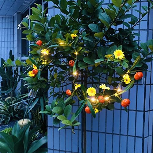 Artificial Pumpkin Plant Vine Faux Pumpkin and Yellow Flowers Ivy Green Leaves Garland with 2M 20 LED Coper Wire String Light Wedding Birthday Indoor Decor Fairy Light (Pumpkin, 4) - Image 2