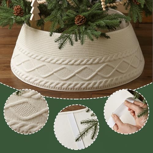Knitted Christmas Tree Collar: Large Cream White Crossed Diamond Textured Chunky Cable Knit Christmas Tree Collars for Artificial Trees, Rustic Farmhouse Tree Ring Tree Skirt for Holiday Home Décor - Image 4