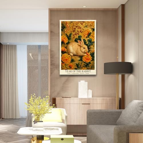 Elegant Chinese Lunar Year of the Rabbit Art Print – Golden Chrysanthemum Zodiac Wall Decor Luxe Oriental Home Decor for Bathroom Living Room Office and More 20X30 in Wrapped Framed - Image 7