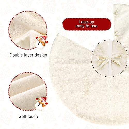 Glitzhome 48”D White Faux Rabbit Fur Christmas Tree Skirt,Rustic Xmas Tree Skirt for Christmas Home Party Holiday Decorations - Image 3