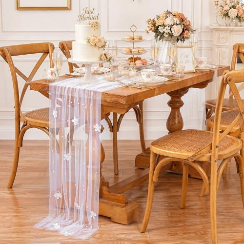 Fanqisi White Pearl Table Runner Floral Tulle Gauze Runner 10FT 4 Pack - Image 4