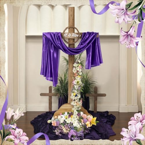 Bucherry 71 Inch Easter He Is Risen Decoration Outdoor Extra Large Wood Cross Decoration Religious Standing Cross with Wreath and Purple Ribbon Easter Yard Sign for Lawn Communion Church Wedding Party - Image 3
