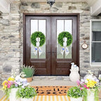 Boxwood Wreath for Front Door Spring Summer Wreaths Farmhouse Door Hanger,Last Name Year Round Porch Decor,20 inch Geen Door Wreath with Personalized Monogram sash Embroidered Hydrangea and Letter- L - Image 2