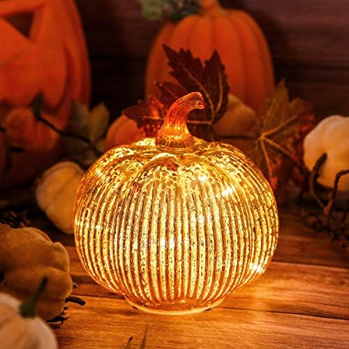 Gold Mercury Glass Pumpkin Light with 2 Lighting Modes and 6-Hour Timer, 5.5 x 6 Inch Battery Operated Fall Decor for Thanksgiving and Christmas Table Centerpiece by HvFun