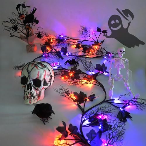 2026 Halloween Decor Lights 8.86FT 72 LED Willow Vine Twig with Timer Battery Operated Garland Lights with Orange Pumpkins Purple Bats and Black Dead Branches Indoor Halloween Decorations for Home - Image 4