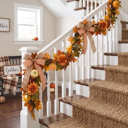 6 Ft Realistic Fall Garland for Mantle Autumn Maples Leaf Pumpkin Garland with Berries Pine Cones Dahlia for Fireplace Doorway Party Thanksgiving Halloween Farmhouse Porch Indoor Outdoor Decorations - Image 5