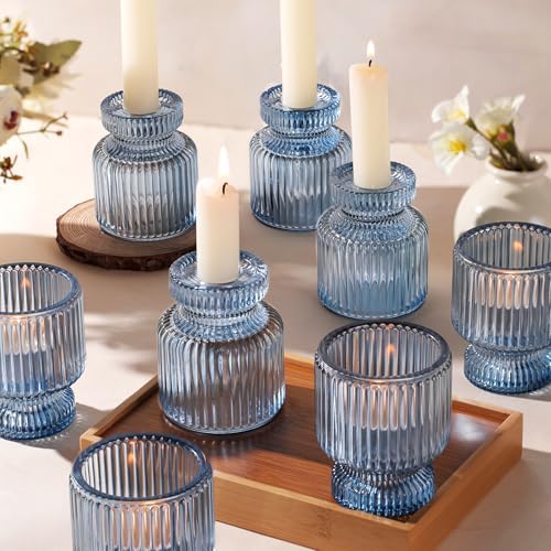 DARJEN 12 Pcs Glass Candlestick Holders- Blue Taper Candlestick Holders Tealight Votive Candle Holders for Table Centerpieces, Wedding, Dinner Party, Home Decor by DARJEN