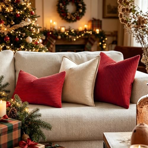 Set of 2 Christmas Corduroy Large Decorative Throw Pillow Covers 26x26 Red - Image 3