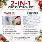 Christmas Stocking Cross Stitch Kit for Adults, 2-in-1 Stamped and Counted AIDA 14, Cute Reindeer Deer with Christmas Lights, Personalized Woodland Animals DIY Embroidery Kit - Image 5