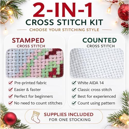 Christmas Stocking Cross Stitch Kit for Adults, 2-in-1 Stamped and Counted AIDA 14, Cute Reindeer Deer with Christmas Lights, Personalized Woodland Animals DIY Embroidery Kit - Image 5