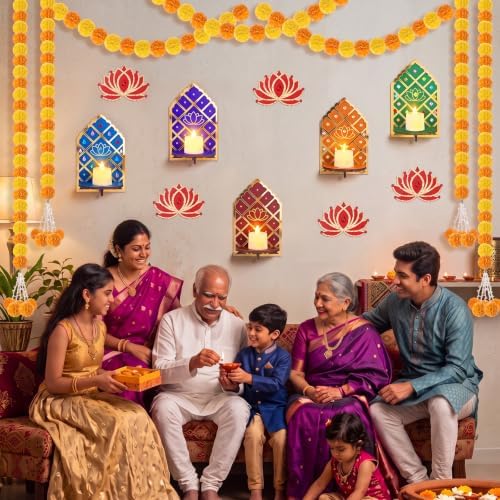 Yookeer 24 Pcs Diwali Decoration Craft Set Wooden Light Holder Lotus Decor Artificial Marigold Flowers Garland for Deepavali Wall DIY Craft Temple Puja Indian Pooja Diwali Wedding Supplies - Image 6
