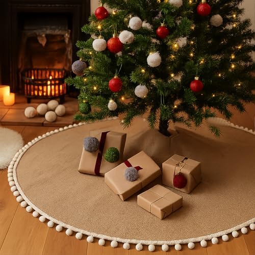 Syhood 60 Inch Christmas Tree Skirt Fall Linen Burlap Tree Skirt, Khaki - Image 4
