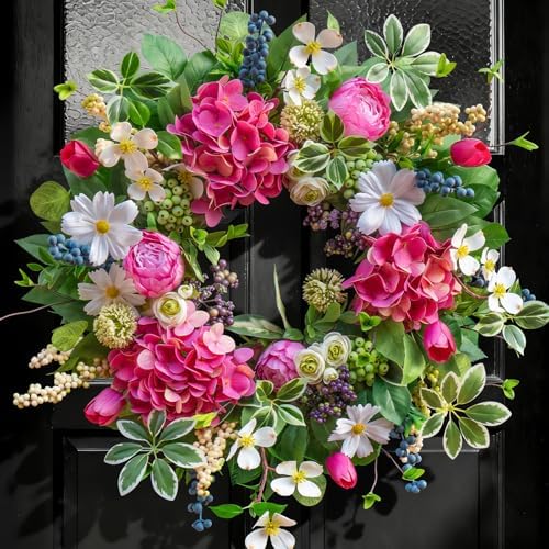 Spring Wreaths for Front Door Outside Summer Wreath 24 Inch with Luxury Peony & Hydrangea Floral Wreaths with Greenery Colorful Seasonal Spring Door Wreath for Outdoor Home Decor by SoomeirWreath