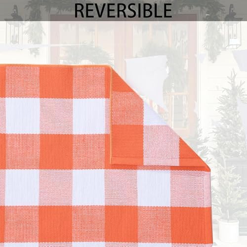 Orange and White Plaid Rug, 4' x 6' Fall Outdoor Front Door Decor Mat, Cotton Washable Hand-Woven Rug for Layered Doormat, Autumn Halloween Thanksgiving Carpet for Porch, Entryway - Image 7