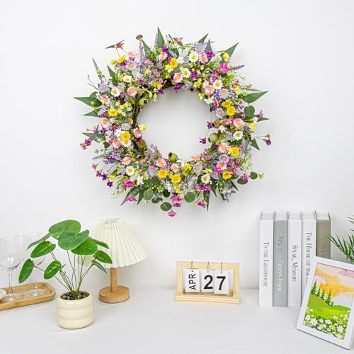 Yawwind 22 Inches Summer Wreaths for Front Door Green Spring Floral Wreath Summer Door Wreath Wildflower Wreaths with Lavender Daisy for Indoors Windows Porch Wall Outside All Season - Image 6