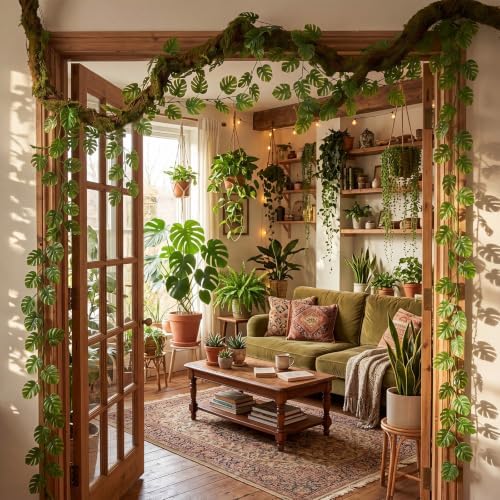 Giegxin 3 Pack Enchanted Forest Branch Vine, 75 Inch, Monstera Leaves Vines - Image 6
