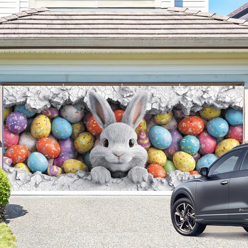 ANNA QUEEN Easter Bunny Garage Door Banner 7x16FT, Cute Rabbit Peeking Cracked Wall Garage Door Cover with Colorful Eggs, Large Outdoor Spring Decoration Backdrop for Double Garage Door & Egg Hunt Party - Image 2