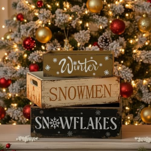 3 Pcs Christmas Wooden Crate Beige Snowman Snowflakes Holiday Box - Image 3