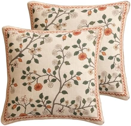 ISAENNE Designer Elegant Linen Throw Pillow Cover,Set of 2,18"x18"-Flora A by Isaennehomedecoration