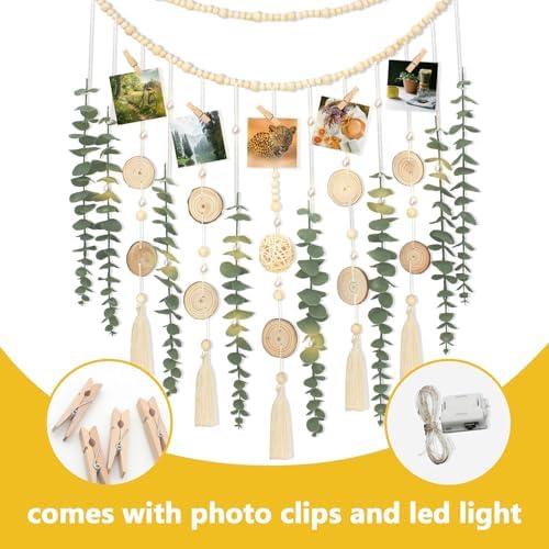 Artificial Eucalyptus Wall Decor with Wicker Ball Natural Boho Home Decorations Hanging Wooden Bead Garland for Large Bedroom Bathroom Living Room, 32 x 32 Inch - Image 6