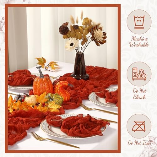 4 Cheesecloth Table Runners and 48 Napkins Set, 10Ft Boho Cheese Cloth Table Runners 20 x 20 Inch Rustic Wrinkled Gauze Napkins for Wedding Birthday Baby Shower Party Decor (Terracotta) - Image 5