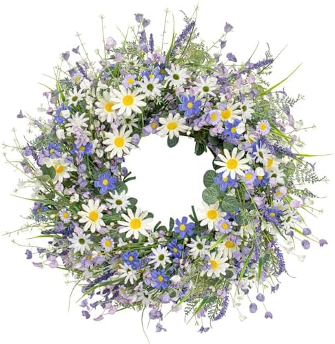 28 Inch Large Summer Wreaths for Front Door Summer Door Wreath Spring Floral Wreath with White Sunflower Lanvender Wildflowers for Indoors Outdoor Home Decorations by DIYFLORU