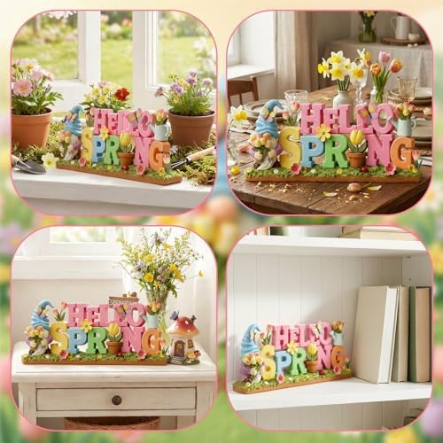 Simgoing 1 Pack Hello Spring Table Decoration Resin Spring Gnome Decorations for Home Pastel Flower Table Sign Festive Floral Statue Tabletop Centerpiece for House Tabletop Tiered Tray Fireplace Decor - Image 5