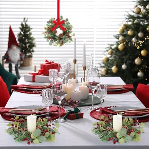 6 PCS Christmas Mini Cabinet Wreath for Kitchen with Ribbon Artificial Eucalyptus Cedar Hanging Garland with Red Berries Pine Cones for Swag Table Centerpiece Door Window Chair Wall Winter Decor - Image 7
