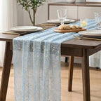 Artoid Mode 3PC Gold Gauze Light Blue Table Runner 120 Inch 10FT, Glitter Metallic Foil Sheer Dining Wedding Anniversary Holiday Birthday Table Decor for Home Party - Image 6