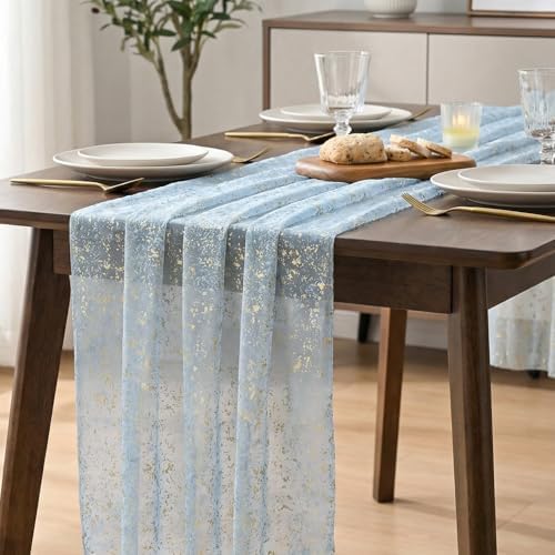 Artoid Mode 3PC Gold Gauze Light Blue Table Runner 120 Inch 10FT, Glitter Metallic Foil Sheer Dining Wedding Anniversary Holiday Birthday Table Decor for Home Party - Image 6