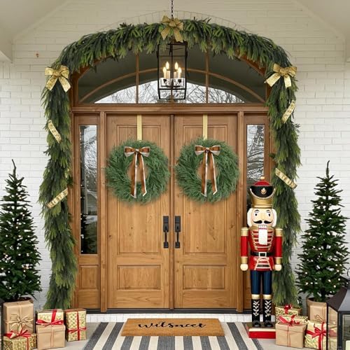 Christmas Decorations -24 Inch Christmas Wreath, Norfolk Pine Wreath, Christmas Wreaths for Front Door, Christmas Door Wreath with Bow Ribbon for Home Table Wall Window Indoor Outdoor - Image 3